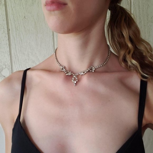 Vintage Jewelry - Vintage Clear Rhinestone Swag Drop Necklace 15" Choker